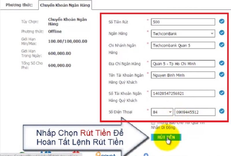 Rút tiền thông qua tài khoản ngân hàng